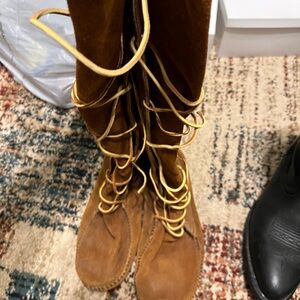 Tan Mid-Calf Lace-Up Boots with Flat Sole